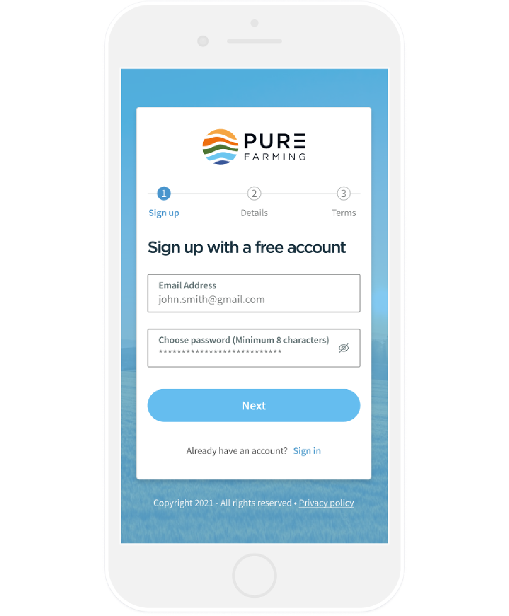 A mobile phone with the sign in page of the PureFarming site displayed.